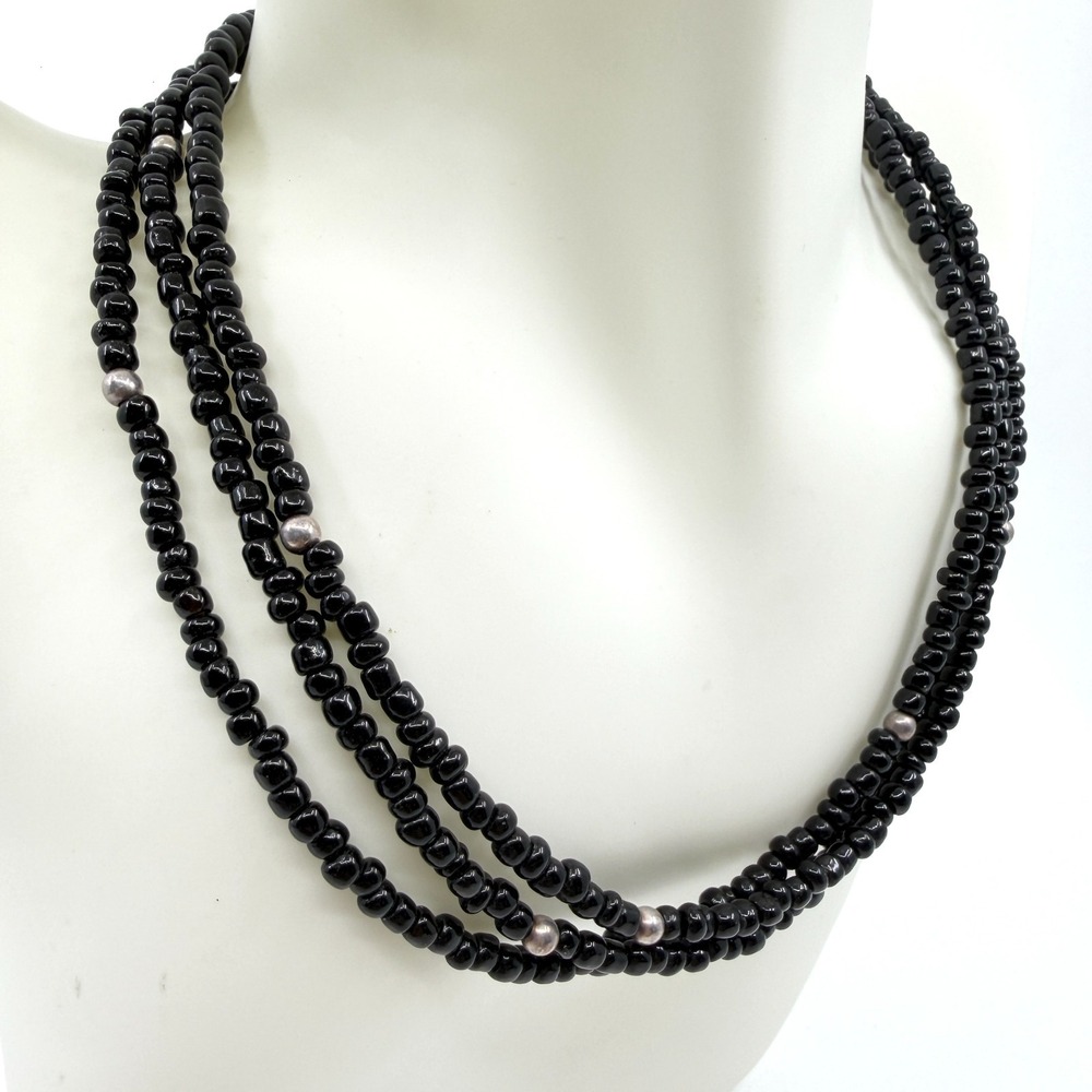 Black Multi Strand Seed Bead Necklace 925 Sterling Silver Boho Layered Jewelry
